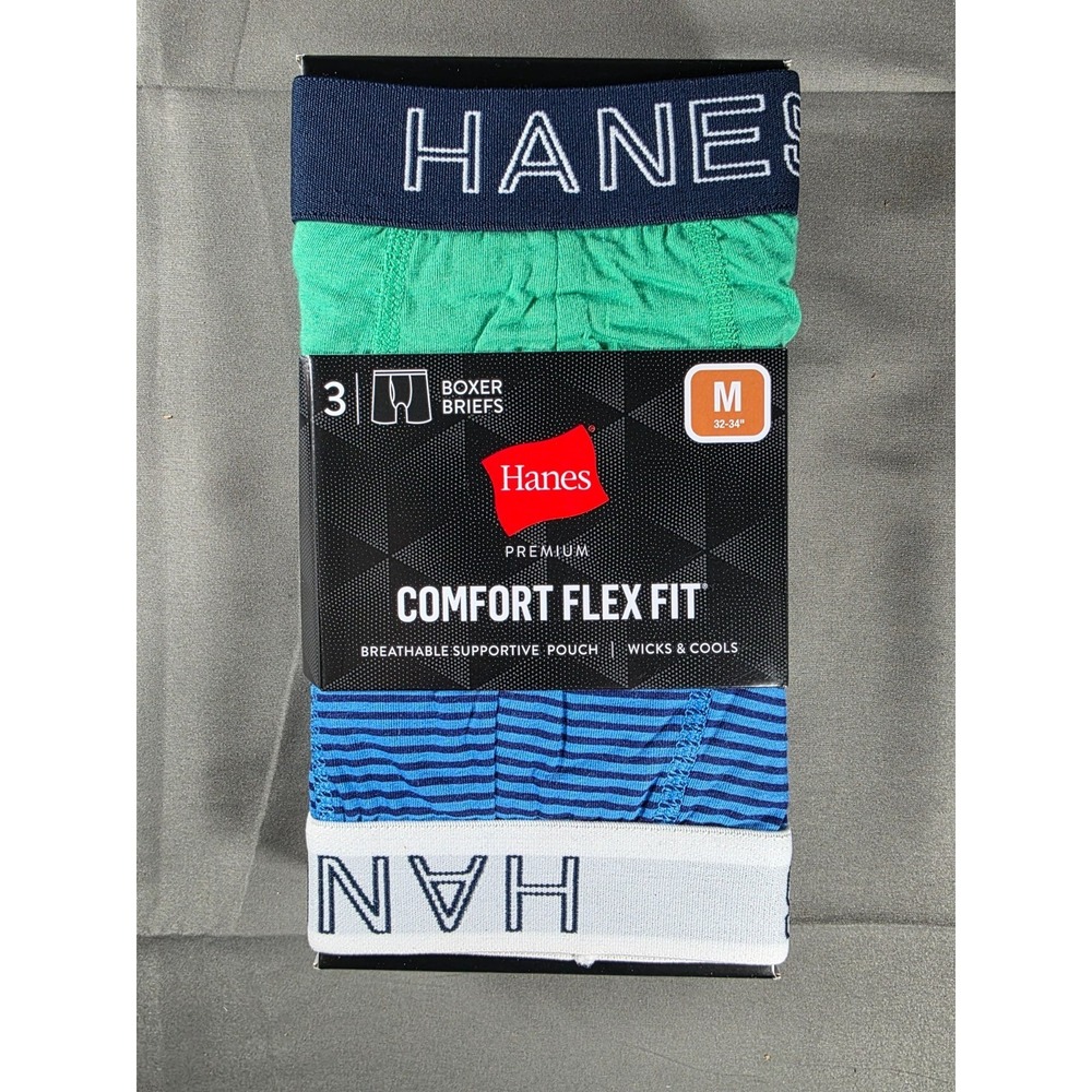 Hanes Premium Comfort Flex Fit Modal Boxer Briefs M 3 Pack Blue Green Stripe NIB